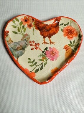 Heart Shaped Clay Trinket with Chicken Floral Design